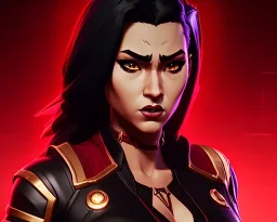 j.scott campbell, serena from mortal kombat, full body portrait, wearing black and red, big eyes, long black hair with red streak, small up turned nose, large breasts, small waist, round butt, standing, dark cobblestone alley, one halo light above, non photorealistic rendering