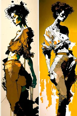 The perception of newness comes from a couple figures that undergoes a transformation after some specific action and adapts to a new space as if in the form of a garment, ink, EGON SCHIELE style, maximum detail, quality textures, bright lighting, high resolution