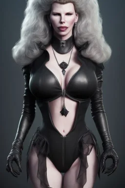 Kim Basinger as evil queen in black leather, busty, cleavage, curvy, angry, happy, stern look. character design by cory loftis, fenghua zhong, ryohei hase, ismail inceoglu and ruan jia. unreal engine 5, artistic lighting, highly detailed, photorealistic, fantasy