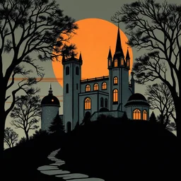 fait des maisons art deco dans le style de l'image,ruines,arbres noirs,cercles,coucher de soleil,chateau