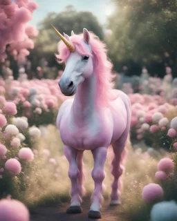 cotton candy unicorn, cute, smiling, full body, daytime, hyperrealism, portrait, beautiful flower garden background, candid photojournalism, grainy realistic, warm dappled lighting, low focus field Depth, 16mm film quality with grain, Pantone analog style, rim lighting, perfect tones, sharp fine details, highly detailed,