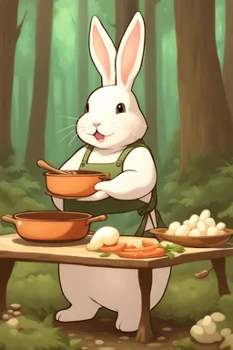 Cute chubby bunny floppy ears adventurer dnd cooking in a forest art realism