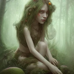 A portrait of a Little fairy woman with green skin and red long hair, sitting under the large Amanita muscaria mushroom in the magic forest, concept art, dark fantasy style, dark and spook, illustration, digital art, d&d, very cute,Masterpiece, best quality, sharp line, sharp focus, rear view : digital painting extremely detailed fantasy beautiful award winning high definition colourful very cute ,correct ai auto settings.