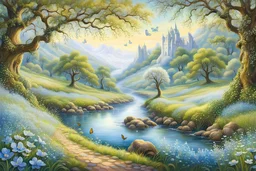 In the style of Josephine Wall, Spring, magical forest with huge old oak trees, a river running from back to front, grassy river banks with pale blue and white wildflowers, butterflies and birds, clear sunny day, detailed, professional art