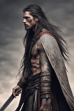 long haired warrior with tribal tattoos and cloak