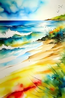 create colored cover paint,beach landscape ink with watercolor, design covers all the page,brilliant colors