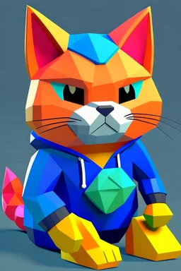 low poly with easy basic shapes nintendo64 character of a happy cat in a hoodie with retro game on the hoodie