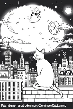 create a coloring page that Illustrate a magical scene of a cat perched on a rooftop under the moonlight, with a cityscape in the background.