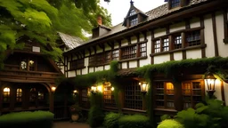 Situated at the heart of Lumin's Reach, the Quill & Scroll Inn beckons those with curious minds and a thirst for knowledge. The inn's timber-framed exterior, adorned with ivy and welcoming lanterns, blends seamlessly with the town's aesthetic, promising a cozy retreat for all who enter. The entrance is framed by climbing vines and lanterns that cast a warm, inviting glow. The wooden facade is weathered and charming, with a quaint sign swinging gently in the breeze, showcasing a quill and scroll.