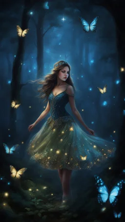 Painting of a beautiful girl, beautiful, pretty face, young girl, fantasy art, dream, trees, forest, dark night, song, glitter butterflies, fantasy