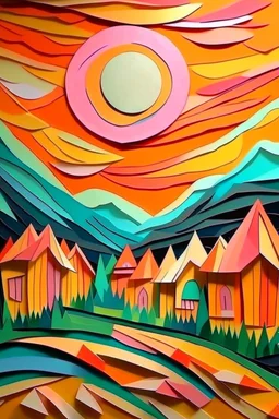 paper art, the scream style, colors of a storm of emotions and especially fuuz peach, sunset in fuzz peach colors, above rural houses in an old European style atmosphere, colors of a storm of emotions and especially fuuz peach. cubism style