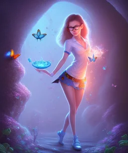 Dibujo escena de mundo mágico con una mariposa de los abismos, aparece una adolescente con gafas y un perrete azul. sexy full body