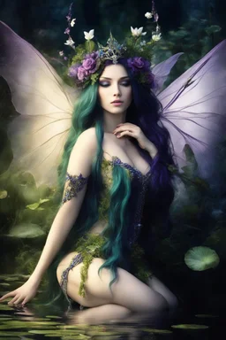 Dark green hair , tiara, purple hair, dark , fairy,nymph saphire, blue, emerald,rapunzel hair ,enchanted ,,purpleydragonfly,elven crown, gothic,water lilies, lotus,pond,amethyst