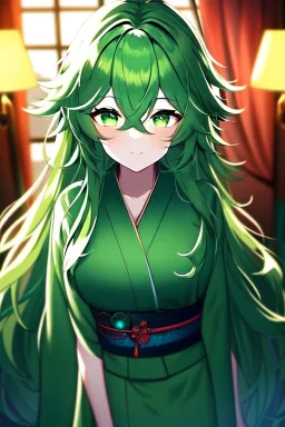 girl, masterpiece, best quality, cinematic lighting, detailed outfit, vibrant colors, perfect eyes, green eyes, long hair, green hair, messy hair, hair between eyes, indoors, depth of field, ray tracing, kimono,