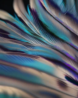 A macro shot of a peacock feather, showcasing the intricate, iridescent patterns and the fine, hair-like strands.