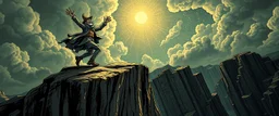 the fool from major arcana tarot,dancing joyfully on the edge of a cliff, seen from below, close up portrait of dj magic farmer pilot looking down on cam, with background in the style of escher and giger, a chill contrapunctus fugue in the style of fsol, beethoven, held up and protected from disaster