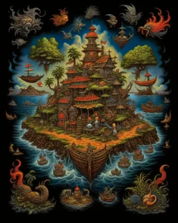 Ornate Pirate Island, T-shirt Art, Black background, Art by John Wilhelm, Robert Williams, Todd Schorr, Alex Alemany