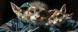 airbrush and pen outline, french art , extreme close up on cheeky fluffy weasel hairy goblin military prison guard troupe news anchor elf family scumbag , pinhole cam, airbrush 3d rendering, in the style of Titian and Rembrandt