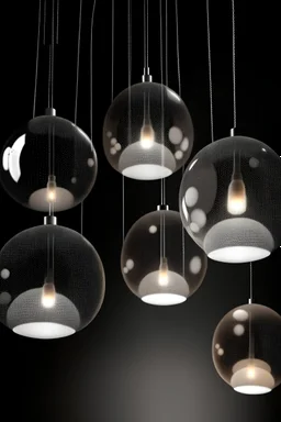 set of ceiling industrial lamps shaped as bath bubbles with different sizes the cable that takes them to the ceiling has knots