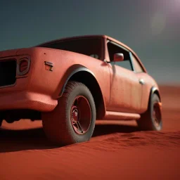 3d rendering. futuristic red car. Buried in desert sand. Lost in Time, cinematic lighting