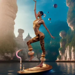 brown dhalsim, yoga artist swirl on a boat in the air, lavo background , levitated lab equipment, 4k, Highly Detailed, Masterpiece, perfect eyes, Digital Illustration, Cinematic Lighting, Realistic, Sharp Focus, Centered, Beautifully Lit, Bioluminescent by Stanley Artgerm Lau