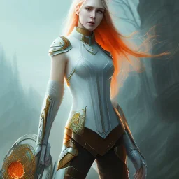 fantasy setting, woman, orange locks, white locks, more orange hair, more white hair