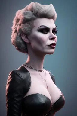 Hannah Waddingham as evil queen in black leather, busty, cleavage, voluptous, rebecca Welton, angry, stern look. character design by cory loftis, fenghua zhong, ryohei hase, ismail inceoglu and ruan jia. unreal engine 5, artistic lighting, highly detailed, photorealistic, fantasy