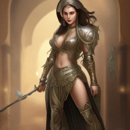 arab female warrior sexy black hair deep cleavage ornate metal armour silks