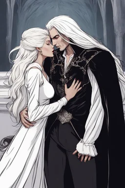 Strahd Von Zarovich being kissed by a beautiful woman with white hair, wearing an off the shoulder dress. Settling and background are a lavish toomb with an ebony coffin.