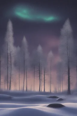 Winter night landscape with an aurora