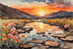 Amazing Sunset, flowers, puddle, rocky land, mountains, epic, winslow homer watercolor paintings