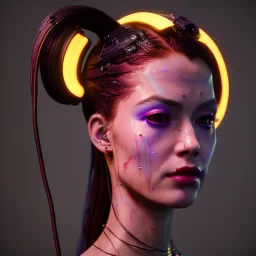 pretty cyber woman, cables, futuristic, blood, black, gold, brown, decorative color feathers, simétrico, circuits, neon style, a lot of led lights, fog, rain, vibrant color, highly detailed, art stations, concept art, smooth, unreal engine 5, god rays, ray tracing, RTX, lumen lighting, ultra detail, volumetric lighting, 3d, finely drawn, high definition, high resolution.