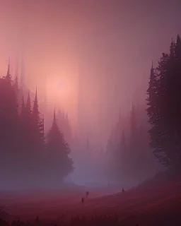 Landscape at night trees in the mist in the background, birds in the sky, red mars, forest