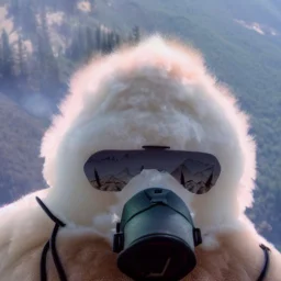 Yeti, wildfires in the background, mountains, fires