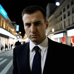 very grainy discolored photo, face portrait, night street, grunge, 2000s Russia, businessman, extremely gaunt, haughty, perfect looking, nice suit, extremely pale, inhuman