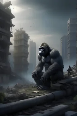 photorealistic gorilla in ruins of future dystopia city landscape