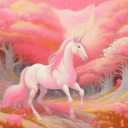 A pink magical realm with a unicorn painted by Vincent van Gogh