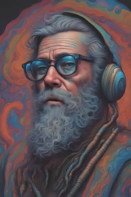 Psychedelic hippie with beard and poor short very short hair with glasses of colours painted by giger