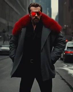 a young man with big muscles who looks like hans gruber wearing a heavy coat and red sunglasses staring with an irritated look on his face