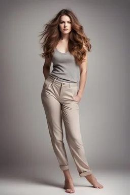 full-body-portrait-of-a-girl-curvy-with-flowing-hair,pretty pants and top, perfect face photo studio lights