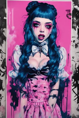 Poster in two gradually, a one side malevolent goth vampire girl face and other side the Singer Melanie Martinez face, full body, painting by Yoji Shinkawa, darkblue and pink tones,