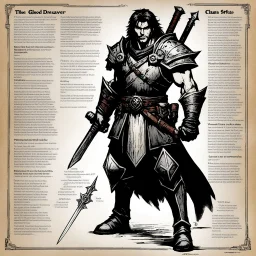 character concept sheet with AD&D statistics and characteristics, [photo by Kevin Eastman and Peter Laird] The Bloodreaver character class, power of blood that creates lights and smoky magic around, plus brutal strike