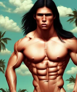 native american warrior, long black hair, big muscles, face up, mouth wide open, scream face, shirtless, looking to the sky