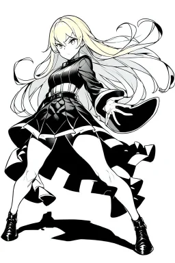 angry blonde girl, pose, full body, greyscale