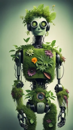 a portrait of a vegan hippie robot made of living plants