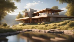 beautiful house, perfect architecture, style Frank Lloyd-Wright, rural environment, sunshine, volumetric lighting, trees, river, distant mountains, award-winning photograph, photorealism, superb details, light and shade, beautiful composition, attractive, peaceful, exquisite