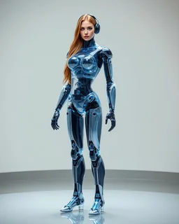 a photoshoot view fullbody all to feet beautifull Russian Supermodel long hair having humanoid body robot transparent visible glass shiny explore inside details mechanical parts