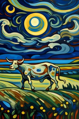 una vaca saltando en la llanura pampeana argentina bajo una luna brillante al estilo de ÉdWARD MUNCH