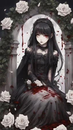 صورة تقريبية تظهر فتاة بشعر أسود, ترتدي فستان زفاف ملطخ بالدماء,معلق فوق قبر,الأرض مليئة بالورود البيضاء.صورة سينمائية