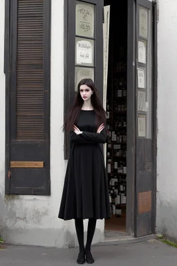 tall thin girl in black clothes, long dark wavy hair, outside an apothecary shop